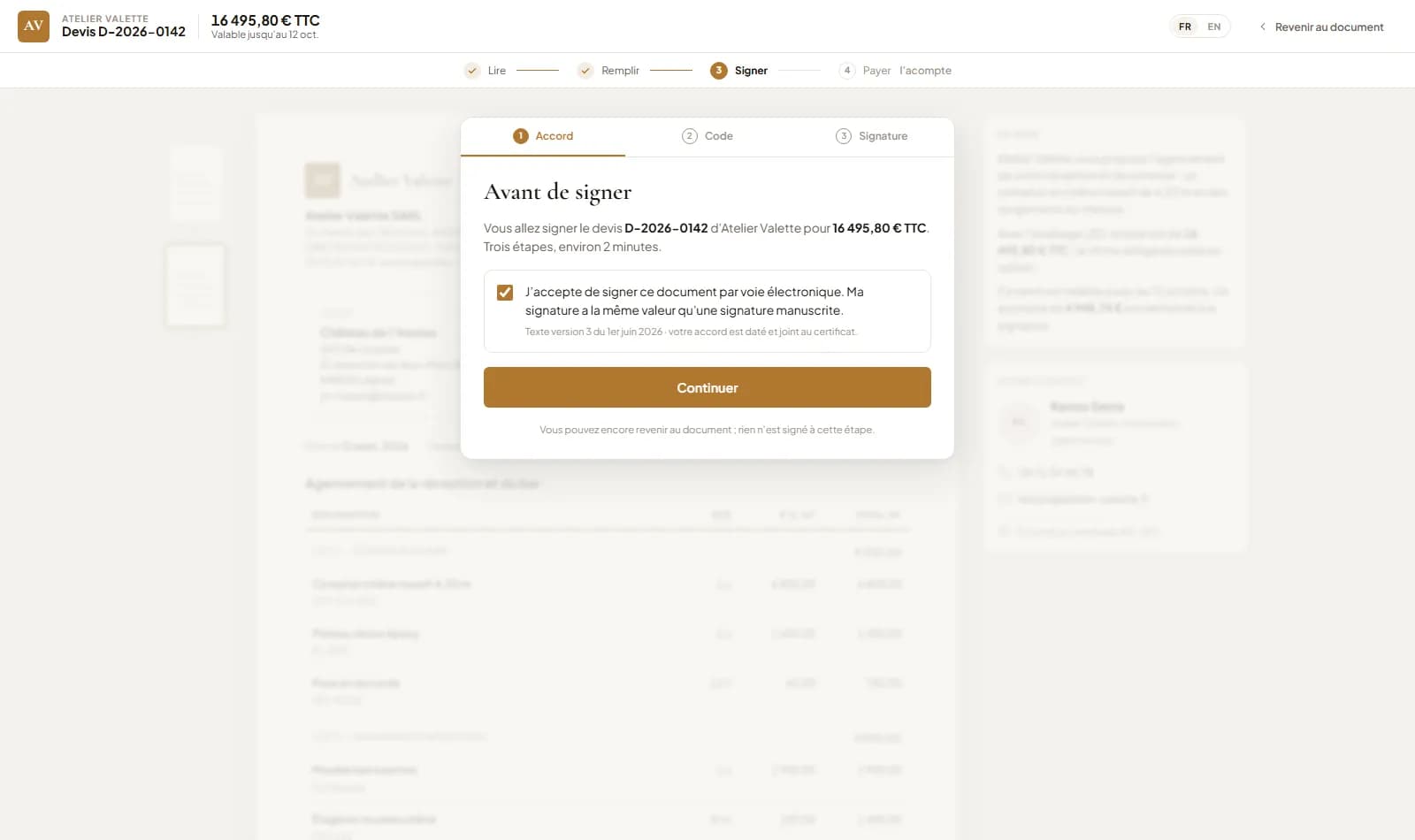 La page de signature en ligne : accord, code par email, signature