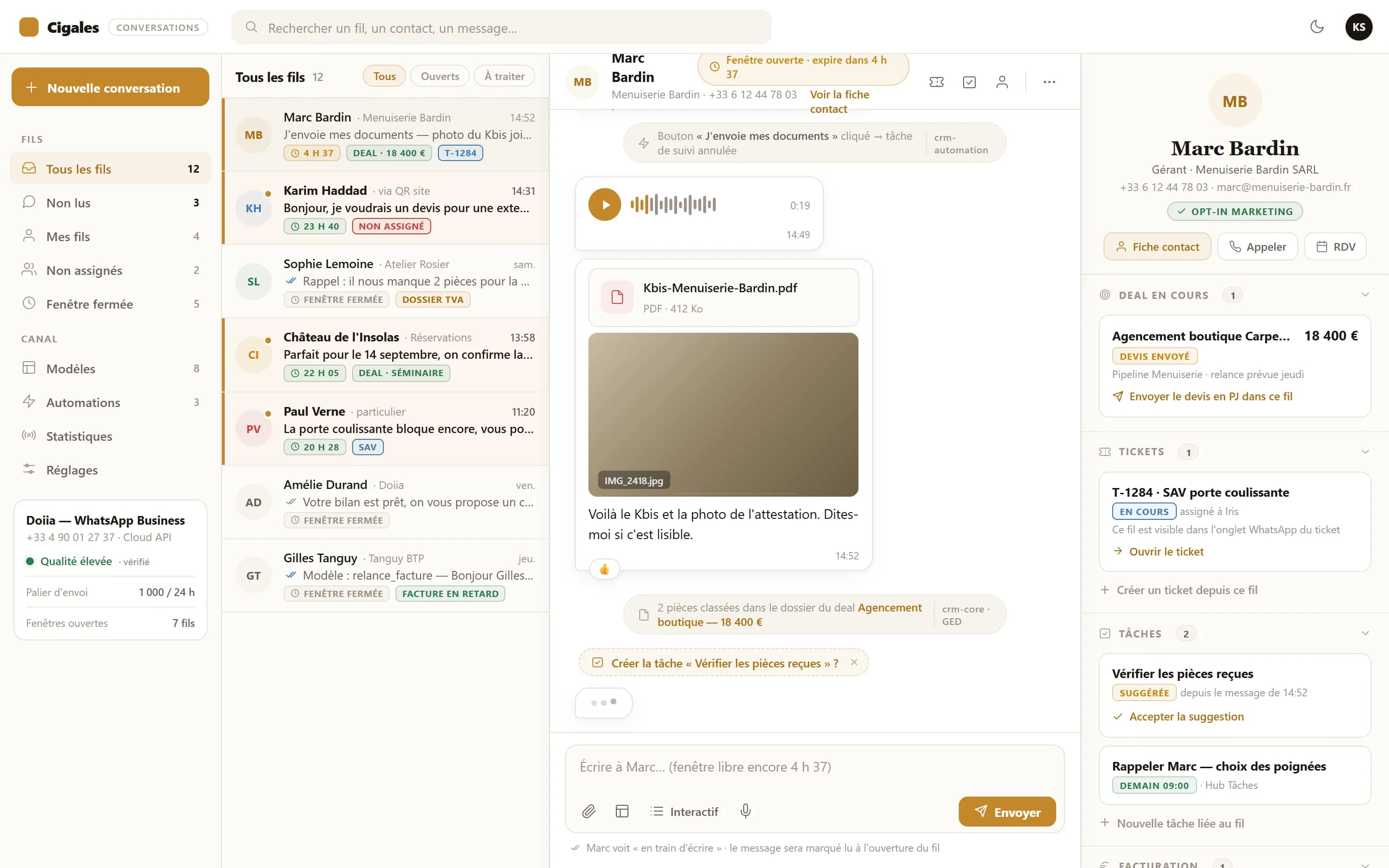 Fil WhatsApp relié au client