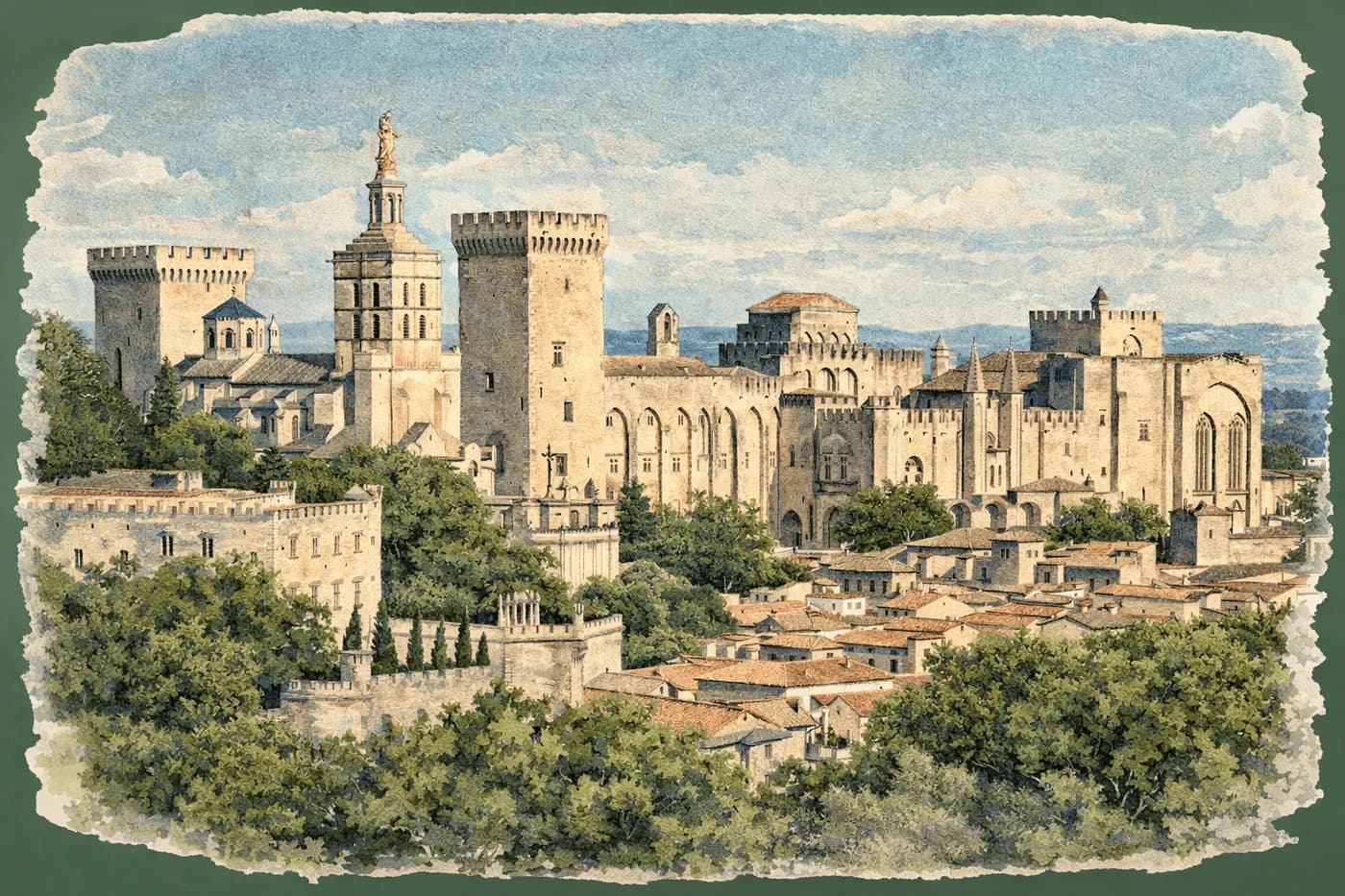 Avignon, le Palais des papes et le pont, à l’aquarelle