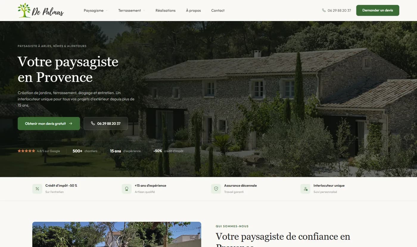 Page d’accueil du site De Palmas Paysage, paysagiste à Arles