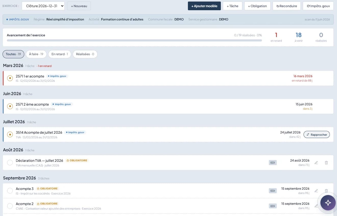 Écran du logiciel Cigales pour les cabinets comptables : Obligations de l’exercice