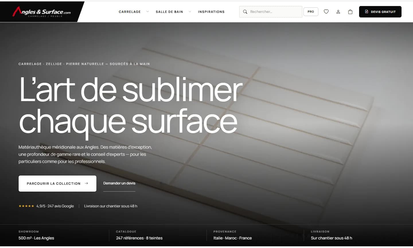 Accueil de la boutique Angles & Surface : carrelage, zellige et pierre naturelle