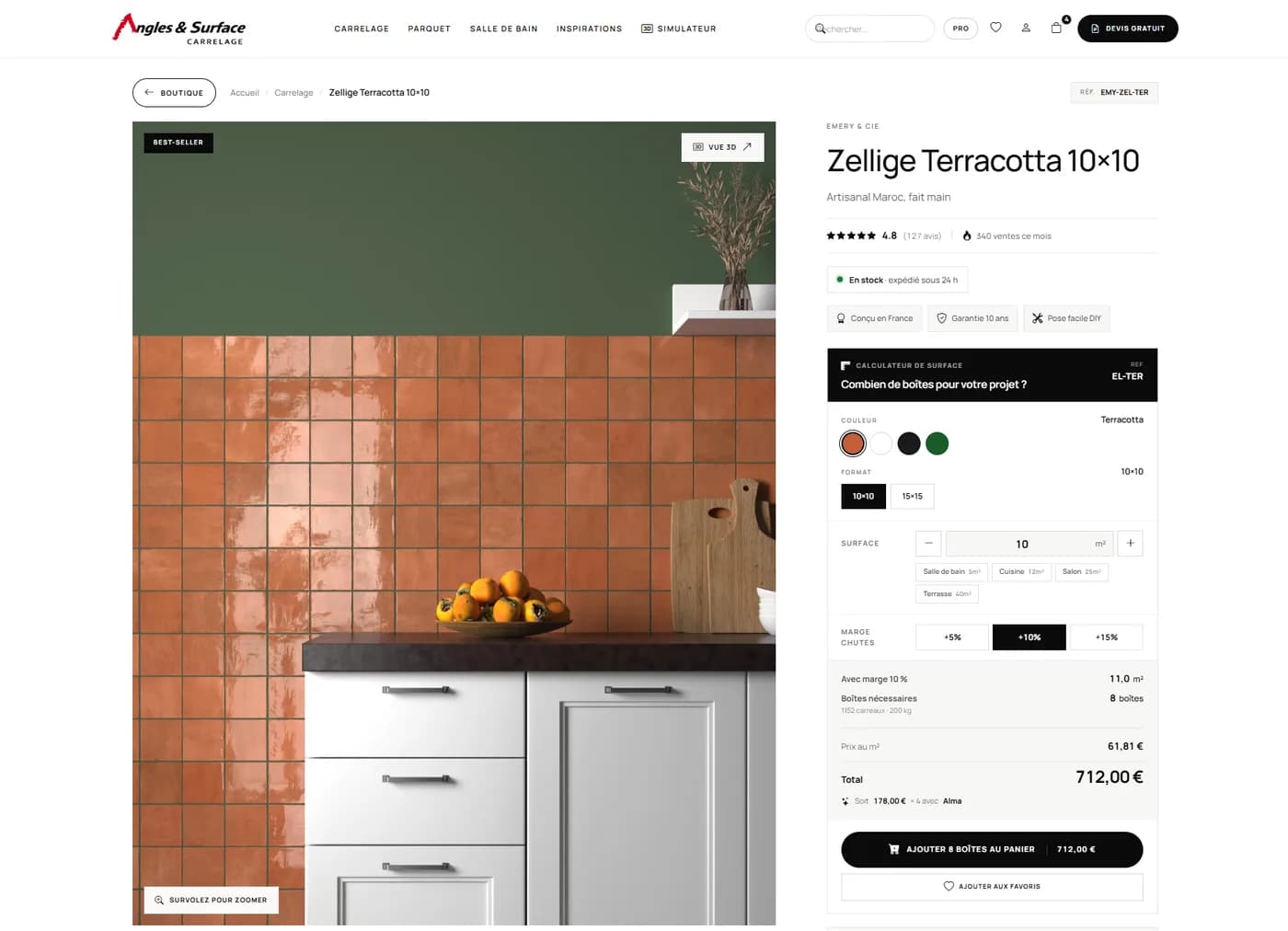 La boutique en ligne Angles et Surface : fiche produit de carrelage avec calculateur de surface